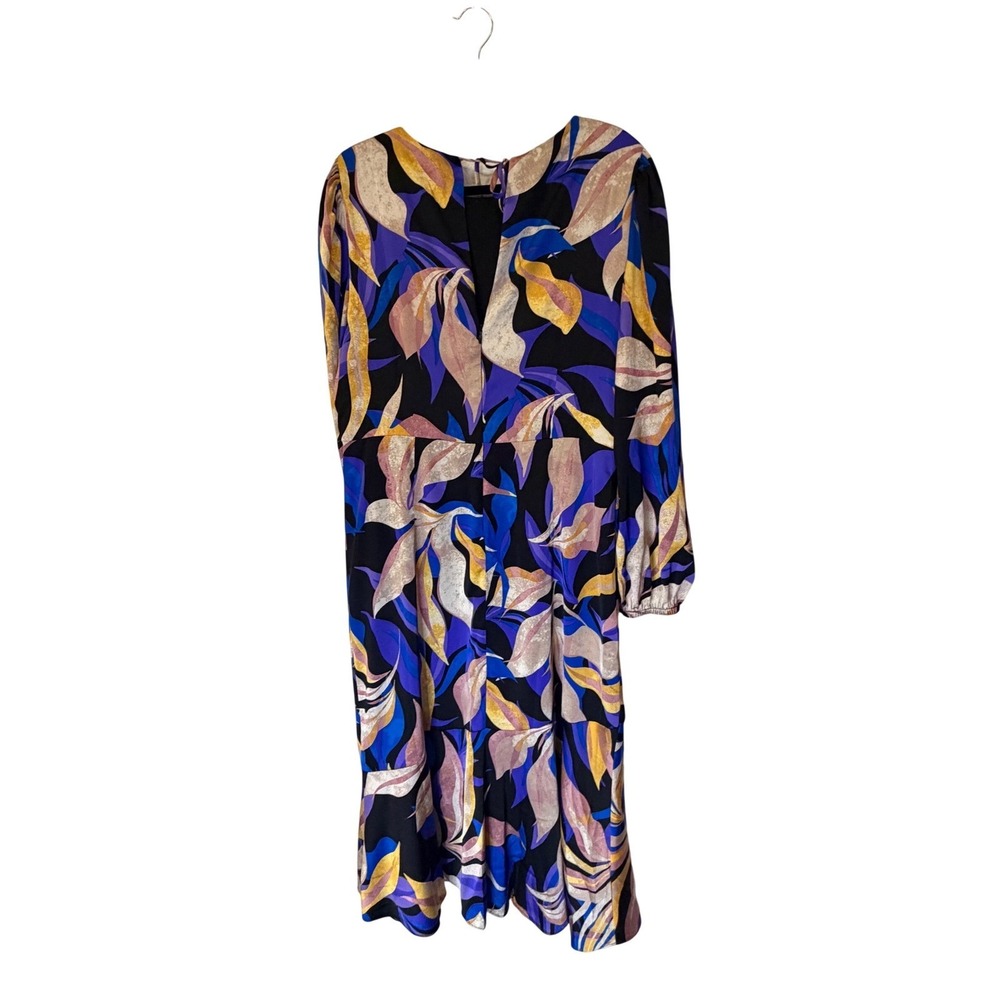 Maggy London Blue Purple Botanical Leaf Print Ruffle Hem Midi Dress Size 14 - Picture 8 of 12